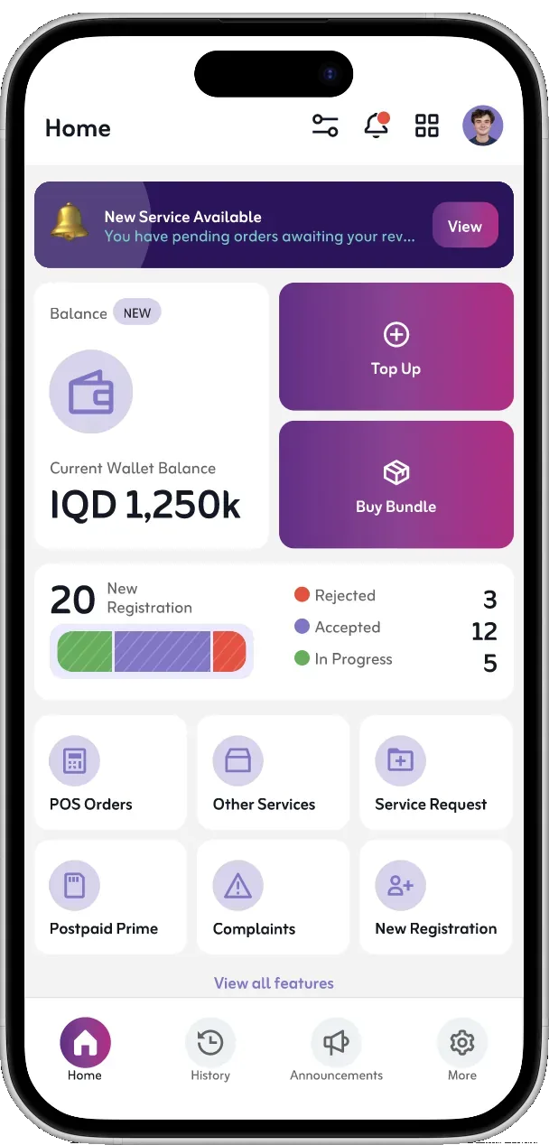 Dealer mobile app home screen with wallet balance, top-up, bundle purchase, POS orders, service requests and new registration shortcuts