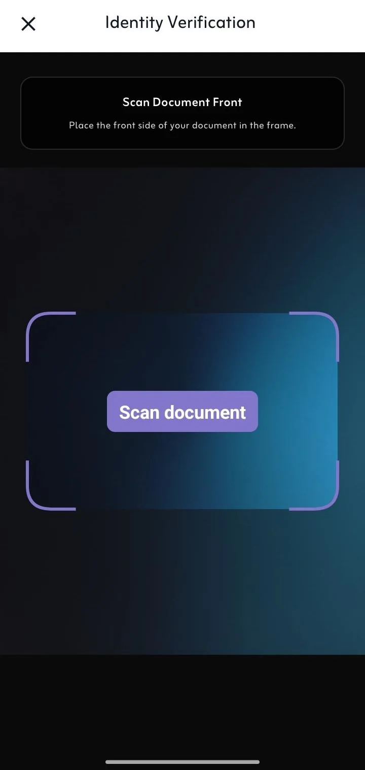 Scan document front screen with a camera frame for the identity document