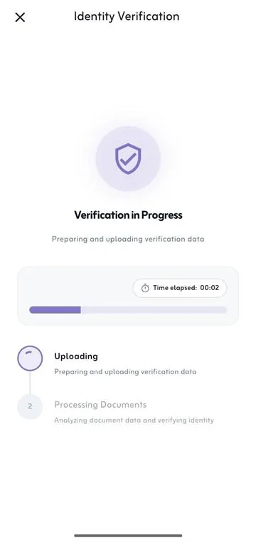 Identity verification in progress screen showing upload and document processing steps with elapsed time
