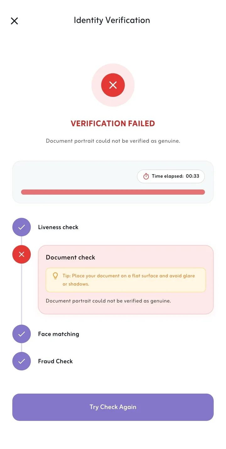 Verification failed screen: liveness check and face matching passed, document check failed with a retake tip, fraud check passed