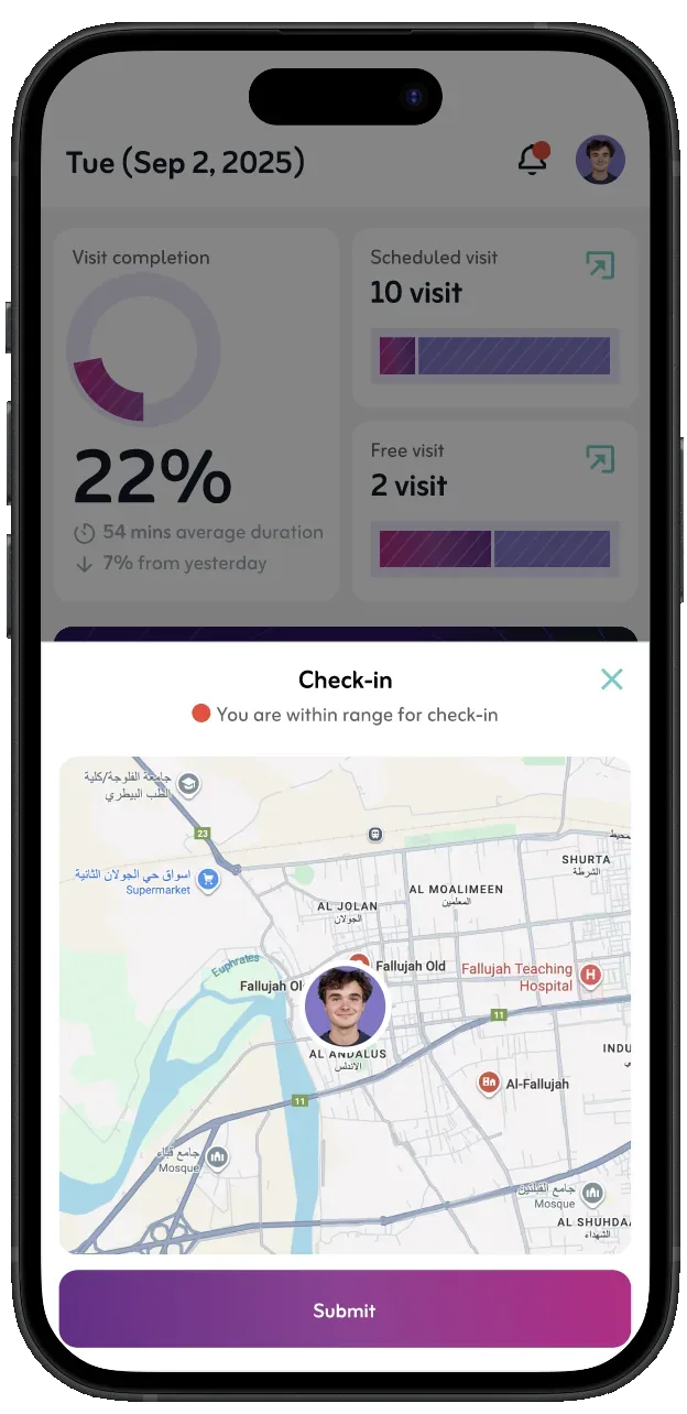 GPS check-in screen with a map confirming the user is within range of the visit location