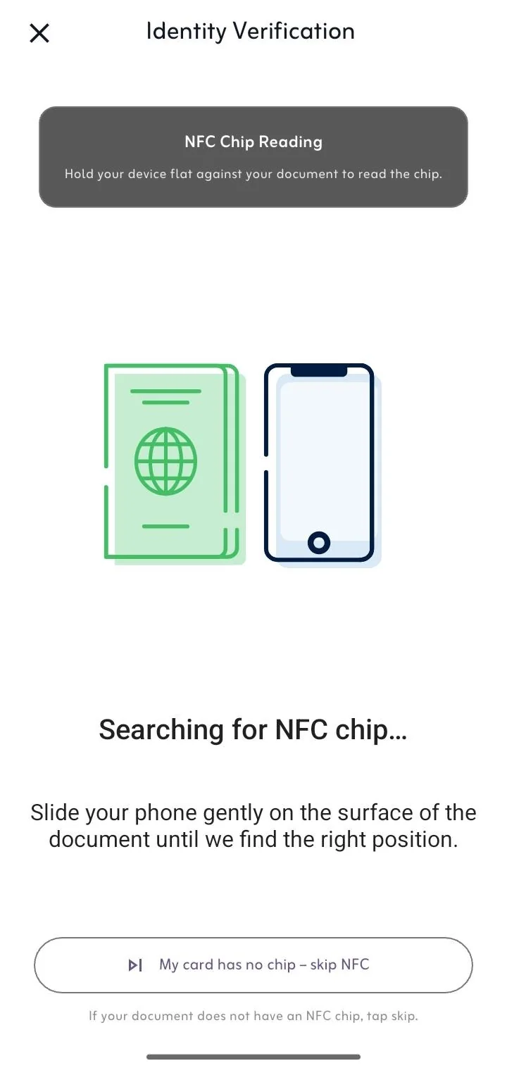 NFC chip reading screen instructing the user to hold the phone against the document, with an option to skip for documents without a chip