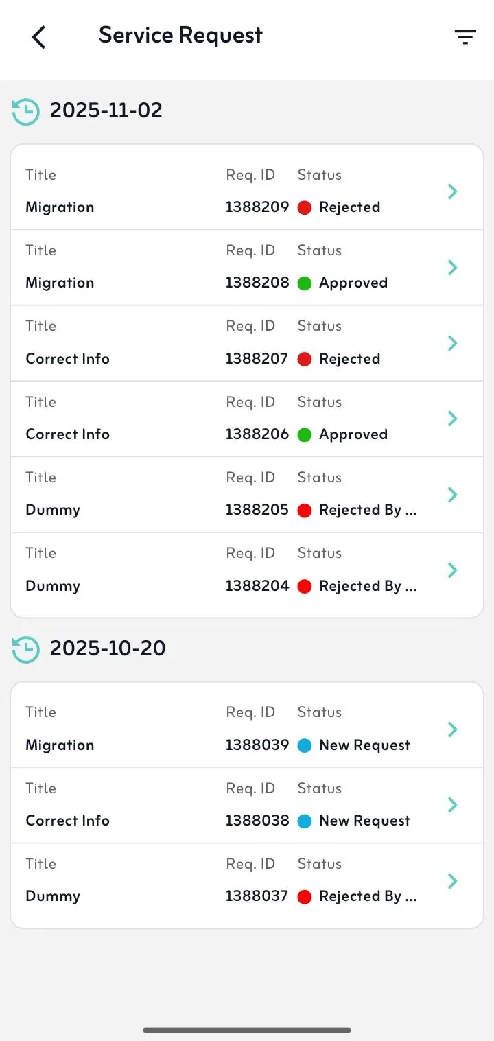 Service request history grouped by date, showing request type, request ID and status such as approved, rejected or new