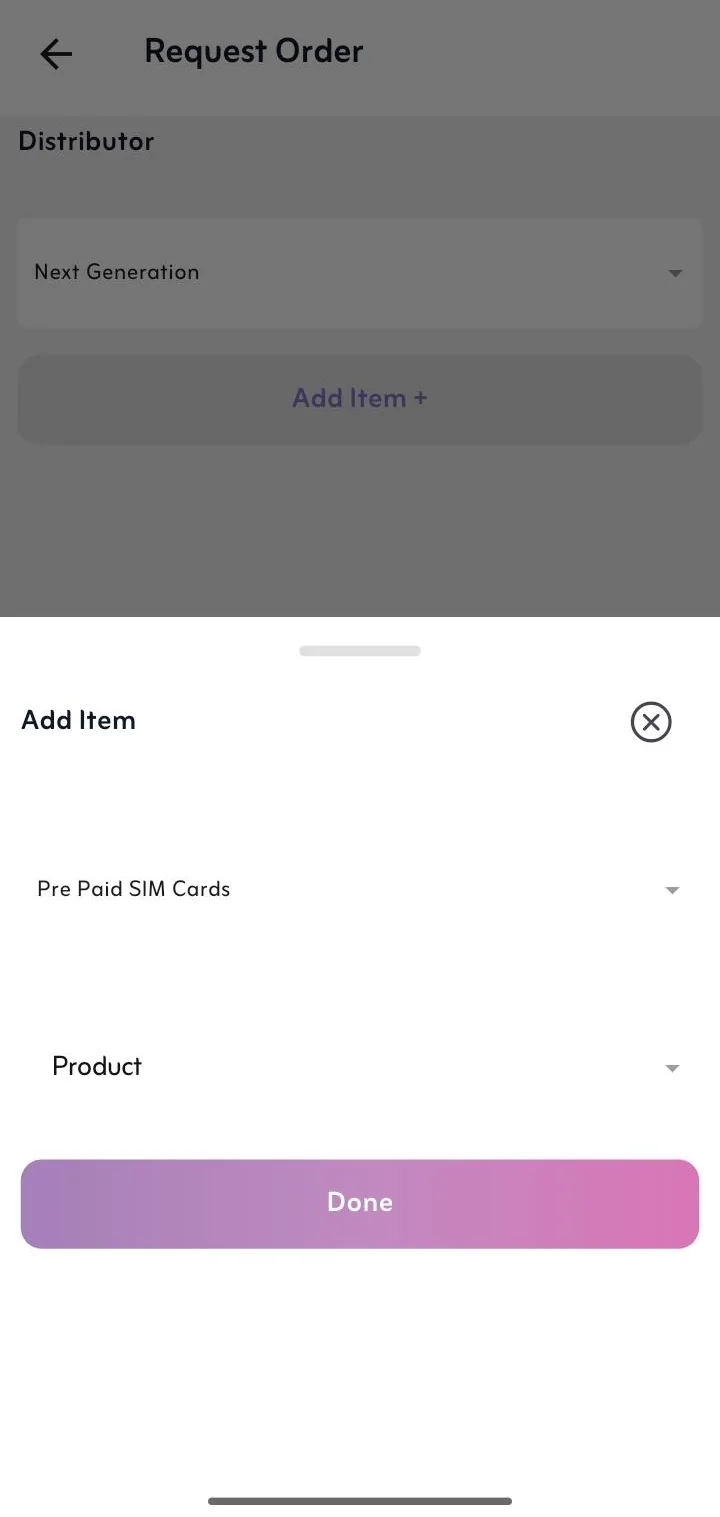 Request order screen: choose a distributor and add items such as prepaid SIM cards
